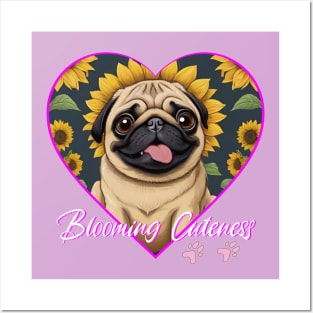 BLOOMING CUTENESS  PUG IN HEART SHAPE WITH SUNFLOWERS Posters and Art